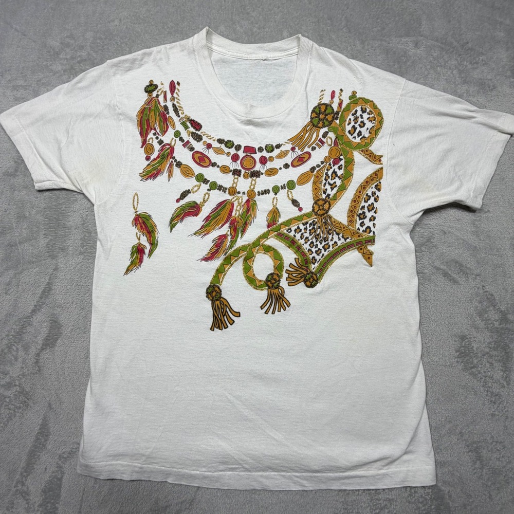 Vintage 80s Trompe L'oeil Jewelry Graphic T-Shirt‎ White Cotton Small Medium